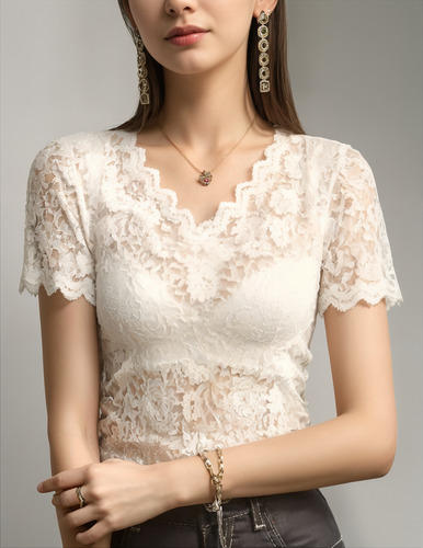 Blusa Top De Encaje Transparente Para Mujer Cuello V 