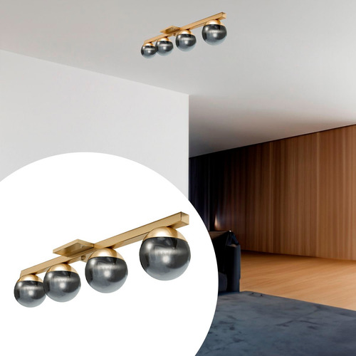 Lustre Sala De Jantar Plafon Sobrepor Jabuticaba Quadruplo Cor Dourado - Vidro Fumê