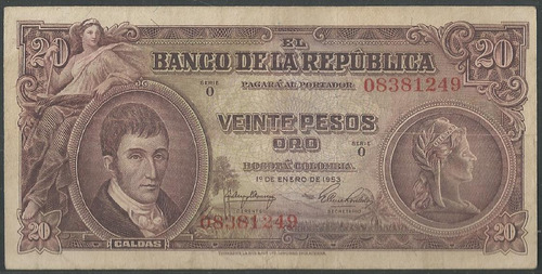 Colombia 20 Pesos 1 Ene 1953 Serie O Bgw218