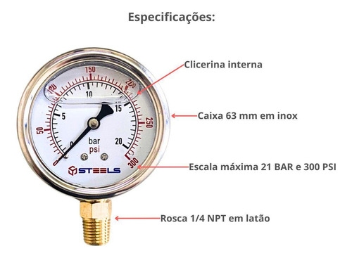 Manômetro Vertical Com Glicerina 300 Psi Rosca 1/4 Npt