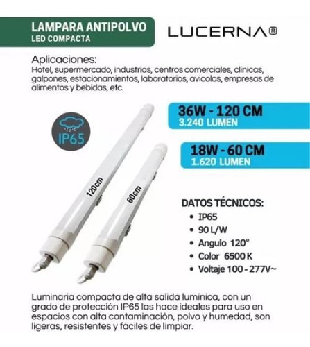 Lampara Led Hermética (antipolvo) 120cms 36w Ip65 Lucerna