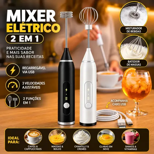 Mini Mixer Misturador De Bebidas Elétrico 2 Em 1 Portátil Recarregável Mexedor De Ovos Whey Leite Café Espuma Shake Drinks Capuccino Suco Comica - R$ 21,33