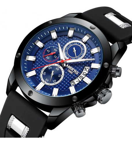 Reloj Nibosi 2333 de silicona de lujo original para hombre, color de fondo negro/azul