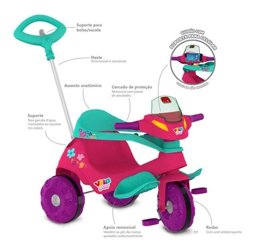 Triciclo Mototico Velobaby 357 C/haste De Passeio/pedal Rosa