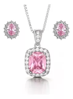 Set Collar Y Arete Mujer Cristal De Princesa Rosa Bañado 18k