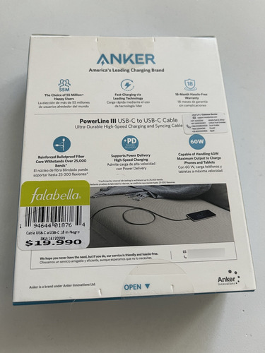 Cable Powerline Iii Usb-c A Usb-c 2.0 1.8m Negro Anker