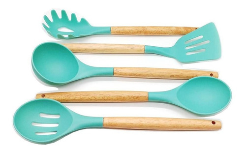 Set X 5 Utensilios De Cocina Mango Madera Y Puntera De Nylon