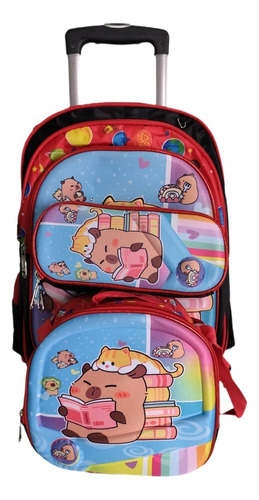 Mochila Primaria Capibara Para Niña Y Niño Con Llantas. Combo 3 Piezas Con Lonchera Y Lapicera