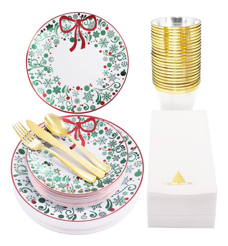 Kit De Suministros Desechables Navideños Verde Oro 175 Pzs