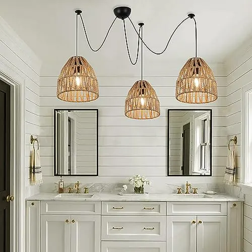 Lámpara Colgante De Bambú 3 Luces, Ratan Tejido, Estilo Rúst