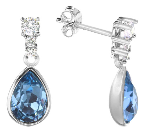 Aros De Plata 925 Gota Cristal Azul Cielo Swarovski® Element