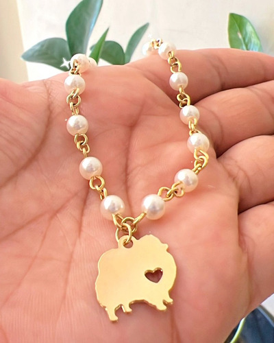 Pulseira Com Pérolas Spitz Alemão - Banho Ouro 18k