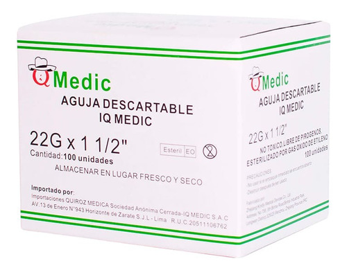 Aguja Descartable Iq Medic 22 G X 1 1/2  Caja X100 Und