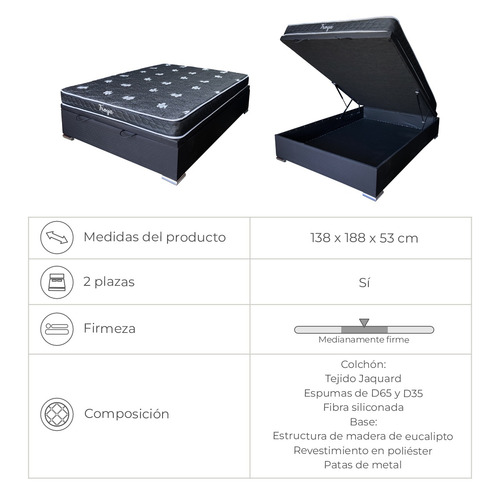 Conjunto De Sommier Morpehus Troya Colchón Mas Baul Reversible 2 Plazas Alta Densidad 65 60 35 Hasta 150k Ancho 138cm Largo 188cm Altura 53 Cm