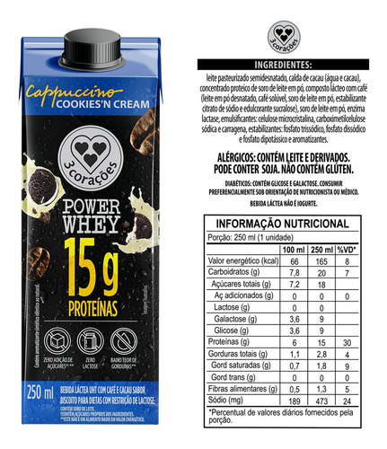 Bebida Láctea UHT Cappuccino Cookies'n Cream Zero Lactose 3 Corações Power Whey Caixa 250ml