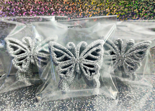 Mariposas Troqueladas De Goma Eva C/glitter 15un De 4,5x5 Cm Plateado Mariposa Calada Goma Eva Con Glitter