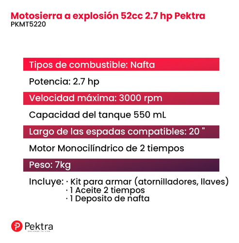 Motosierra A Explosion 52cc 2.7hp Naftera Pektra 20 Color Rojo