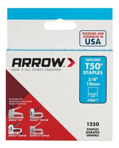Grapas Arrow T50 3/8 (10mm) Caja 1250 Unidades 50624sp
