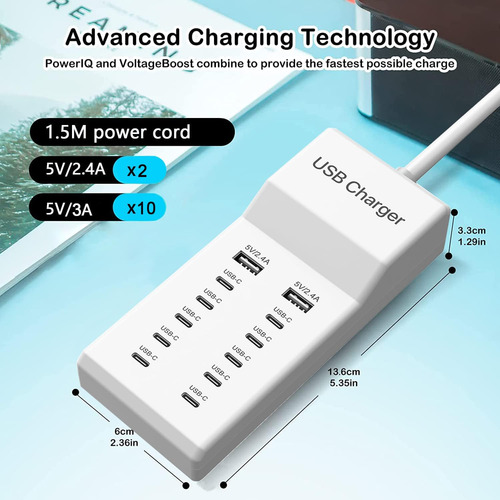 Cargador Usb C Múltiple 12 Puertos 60 W Compatible iPhone Ip