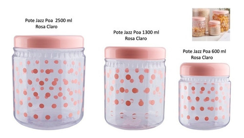 Kit 3 Pote Mantimento De Cozinha Plástico Poa Rosa Claro Cor Transparente
