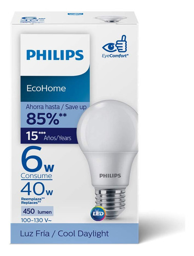 Foco Philips Ecohome Ledbulb6we276500 Philips 1 Pza Color de la luz Blanco neutro