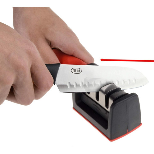 color Afilador manual de 3 etapas Para Cuchillos y Navajas Rojo y Negro Fácil de usar CANDVEG afilador de Cuchillos Profesional con base antideslizante 
