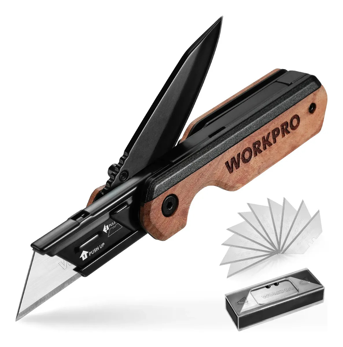 Cúter Plegable Workpro con 10 Hojas SK5 de Repuesto y Bloqueo de Línea