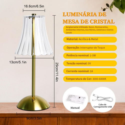 Luminária Mesa Abajur Led Dimerizável Recarregável Sem Fio