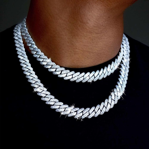 Cadena Cubana 18k Oro Plata Con Diamantes Corte Redondo