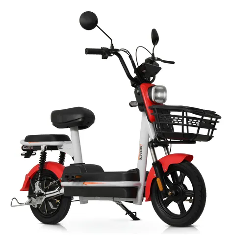 Scooter elétrica Bikelete branca e vermelha vista lateral