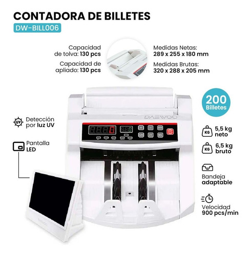 Imagen 2 de 10 de Contadora De Billetes Daewoo Dw-bill006 200 Billetes