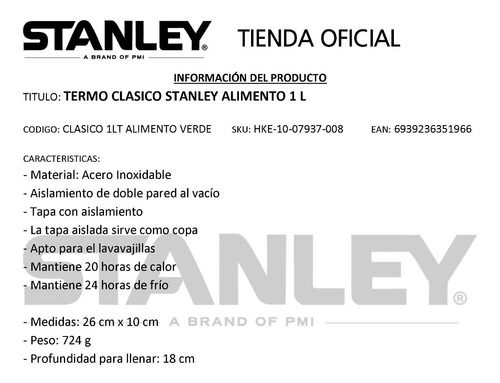 Termo Acero Inoxidable Stanley 1 Lts Clasico Alimentos