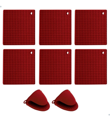 Descanso Panela Silicone Kit 6 Un + 2 Luvas Silicone Yangzi Cor Vermelho