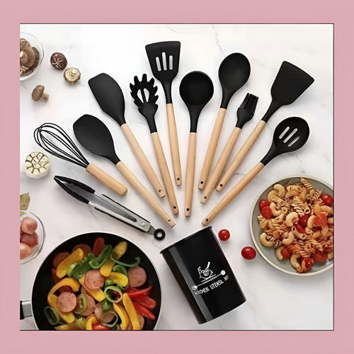 Set 12 Utensilios De Cocina Mango Madera Punta Silicona Negro