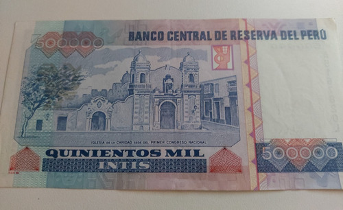 Imagen 2 de 2 de Billete Antiguo De 500 Mil Intis - Ricardo Palma 1989 Perú