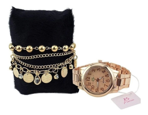 Relógio Feminino Aço Maria Analógico + Pulseira Rma118