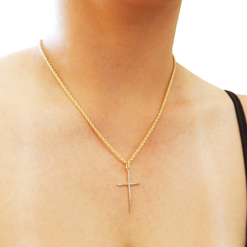 Cordão Baiano Colar Com Pingente De Cruz Palito Ouro 18k