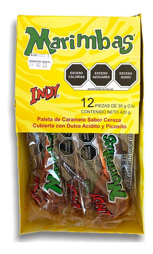 Dulces Marimba Indy Paleta Caramelo Cereza Chile 12pz 420g