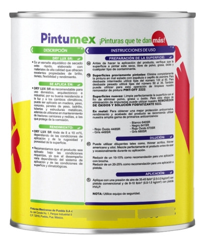 Pintumex, Dry Lux, Esmalte Base Aceite, Secado Rápido 1 Lt Aluminio Brillante