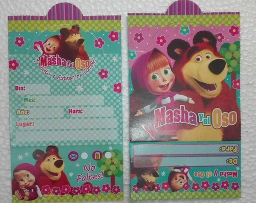 Set 12 Tarjetas Para Invitación Cumpleaños Masha Y El Oso