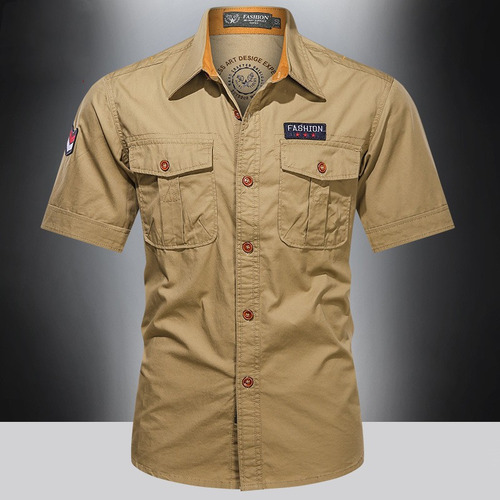 Camisa Cargo Camisa Masculina Camisa De Manga Curta Com Bols