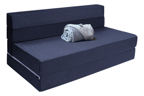 Sofá Cama Matrimonial Cozy Plegable + Cobija Gris Fleece Azul Marino Liso