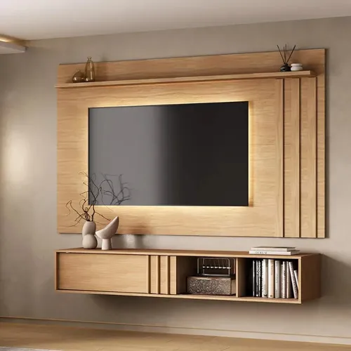 Conjunto Rack Cedro E Painel Parede Cedro Linea Carraro Cedro
