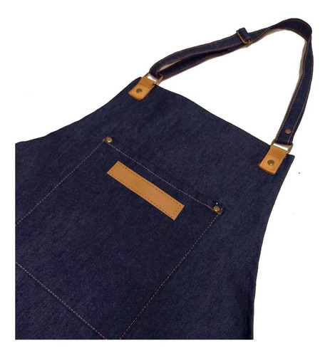 Imagen 4 de 7 de Delantal Denim Jean Y Cuero Con Porta Repasador Bolsillos