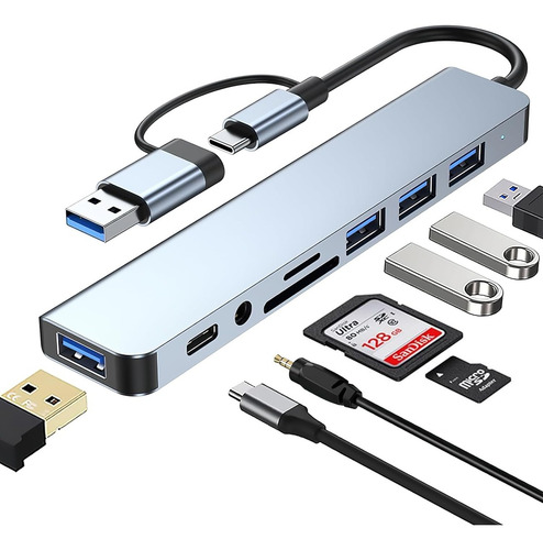 Adaptador Usb C Hub Tipo C, 8 En 1, Multipuerto, Usb 3.0, Sd