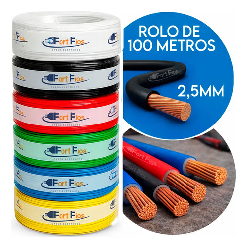 Fio Elétrico 2,5mm Preto Cabo Flexível Rolo Com 100m Metros 750v Antichamas