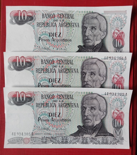 1984. 3 Billetes 10 Pesos Argentinos. Bot. 2612 Sin Circul.