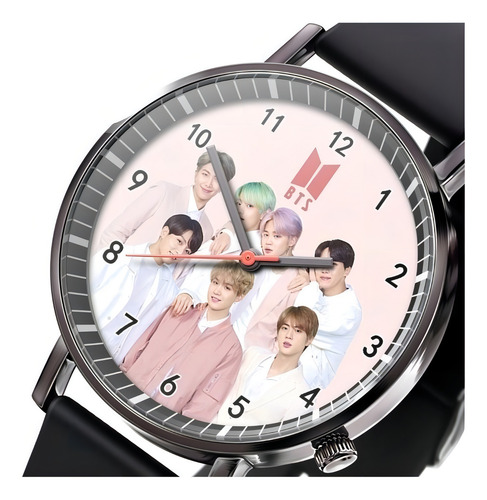 Reloj Analógico De Cuarzo Bts Modelo 1 Color Negro Fondo Rosa Chicle
