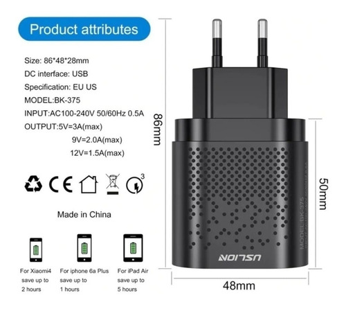 Imagen 5 de 10 de Cargador Múltiple Uslion Quick Charge 3.0 48w De 4 Puertos
