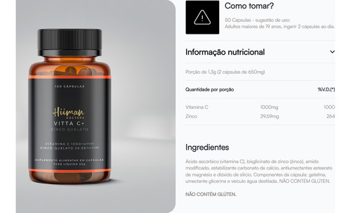 Vitamina C Zinco Quelato 1000mg/dose 100 Cápsulas Sem Sabor